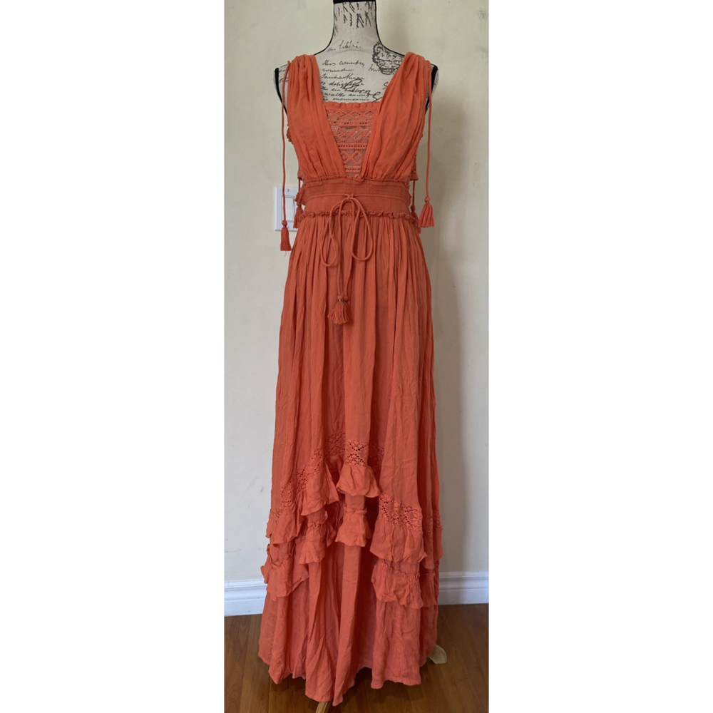 Free People Orange/coral maxi Dress with Tiered Ruffles